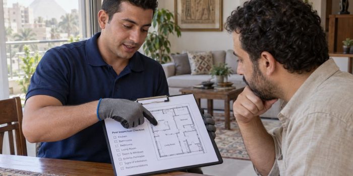 فني شركة مكافحة حشرات بيشرح لصاحب البيت خطة الفحص على رسم الشقة