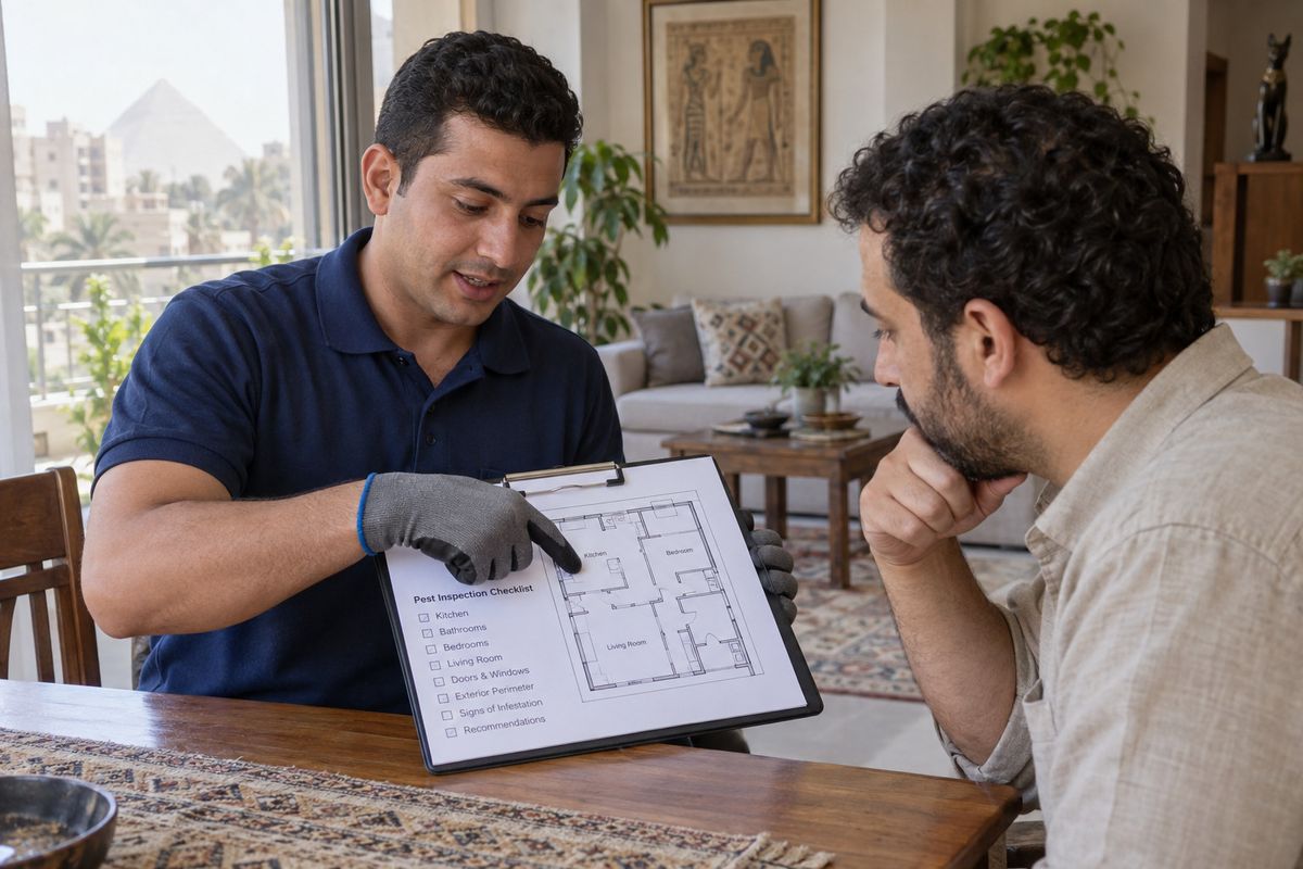 فني شركة مكافحة حشرات بيشرح لصاحب البيت خطة الفحص على رسم الشقة