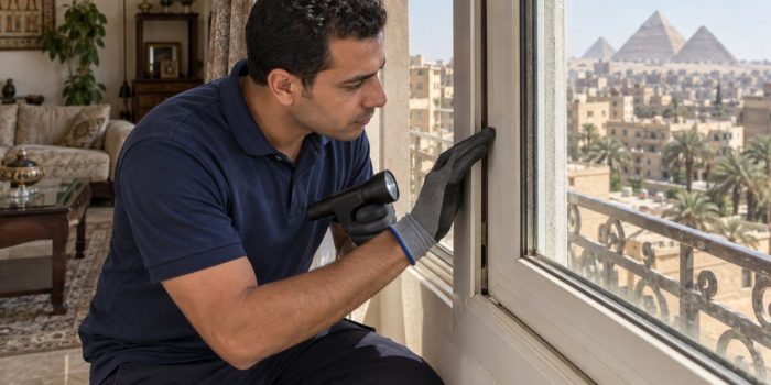 فني شركة مكافحة حشرات بيفحص شباك شقة مطلة على أهرامات الجيزة