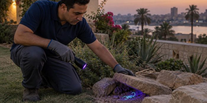 فني مكافحة العقارب بيكشف عقرب تحت حجر بكشاف أشعة فوق بنفسجية