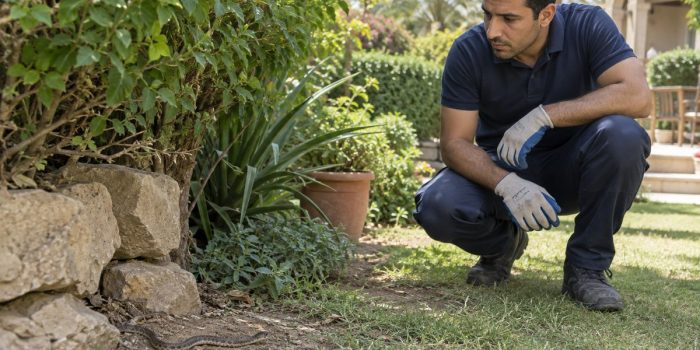 فني مكافحة الثعابين بيعاين تعبان بين الصخور والزرع في جنينة
