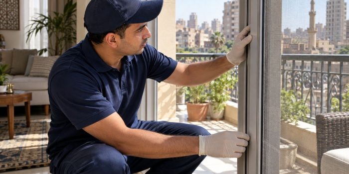 فني بقفازات بيفحص إطار سلك شباك البلكونة في شقة