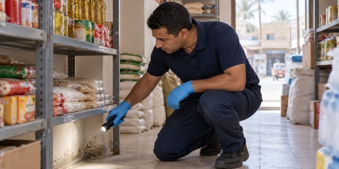 فني بيفحص بالكشاف أسفل أرفف مخزن أكل فيها زيت وأكياس وعلب