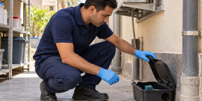 فني بيفتح صندوق طعم أسود جنب مواسير وتكييف بره المبنى في منيا القمح