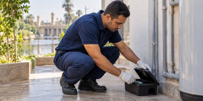 فني يفتح صندوق طعم أسود خارج المبنى جنب المواسير في القناطر الخيرية