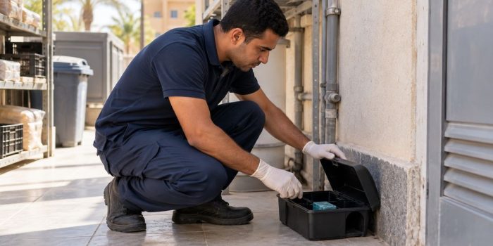 فني بيفتح صندوق طعم قوارض أسود جنب حيطة وماسورة مبنى في المنيا
